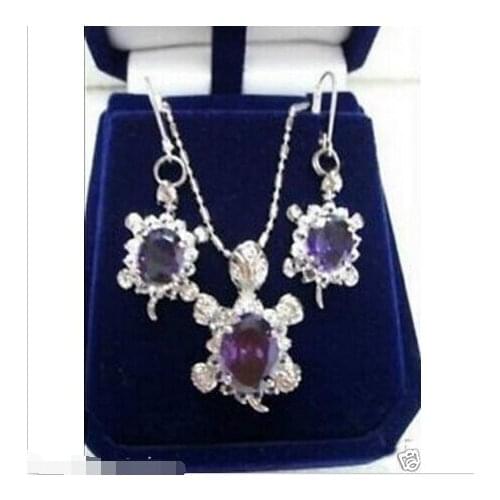 Beautiful Purple Crystal Pendant Earrings Set18K GP style Fine jewe Noble Natural fast SHIPPING