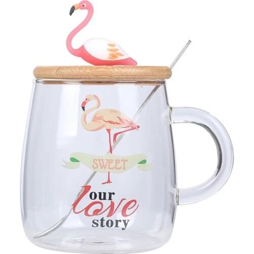 Creative Pink Flamingo 450ml Heat-resistant Glass Mug Water Bottle Students Cup with Tea Spoon Christmas Gift Cartoon Drinkware