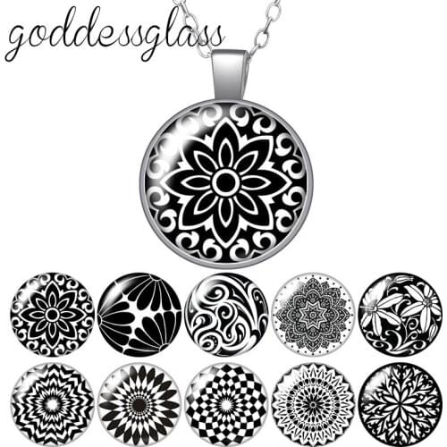 Black style patterns flowers Fashion Dome Photo Glass glass cabochon silver plated/Crystal pendant necklace jewelry Gift
