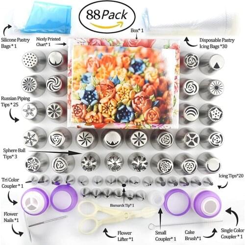32/88pcs Cake Decorating Set Stainless Russian Piping Tips Cream Confectionery Nozzles Scraper Pastry Bag Baking Tools For Cakes