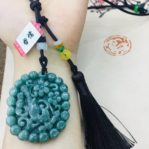 Natural Burmese Emerald Jade Carved Oil Green Plum Magpie Pendant with Hand-knitted Tassel Necklace Mens Womens Sweater Chain