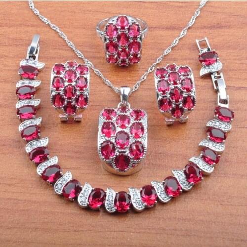 Dazzling Silver Color Jewelry Set For Women Red Zirconia Earrings Necklace Rings Bracelet Set Christmas Gift JS0518