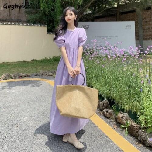 Dresses Women Solid Simple Tender Chic Female Summer Casual Ulzzang Holiday Puff Sleeve Tunic Girlish Student A-line Folds Soft
