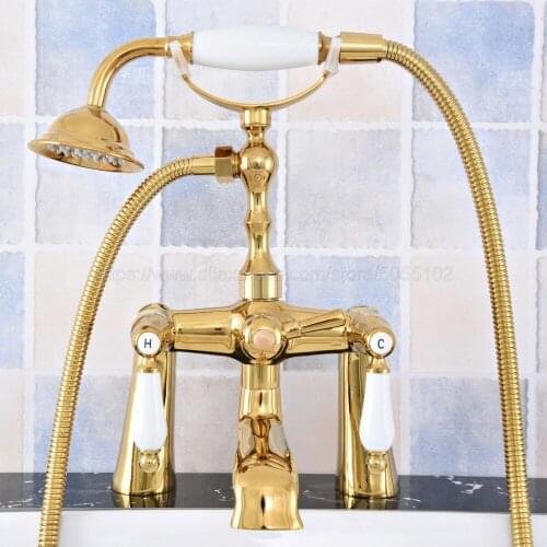 Luxury Gold Color Brass Deck mounted Bathroom Clawfoot bathroom tub shower faucets with hand shower faucets ztf782