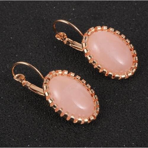 Natural Gem Stone Gold Copper French Earring Hook For Women Oval Statement Pink Crystal Opal Stud Earrings 2020 Fashion Jewelry