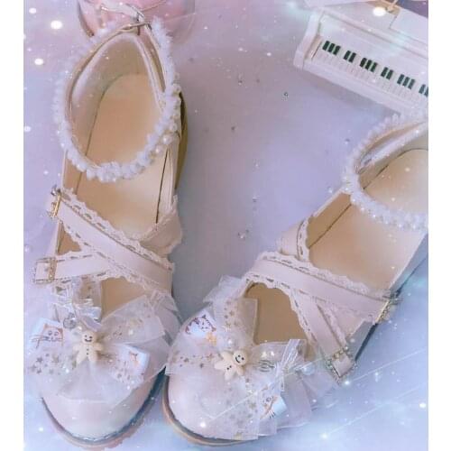 Sweet lolita shoes vintage round head high heel women shoes cute pearl bowknot kawaii shoes loli cosplay kawaii girl soft girl