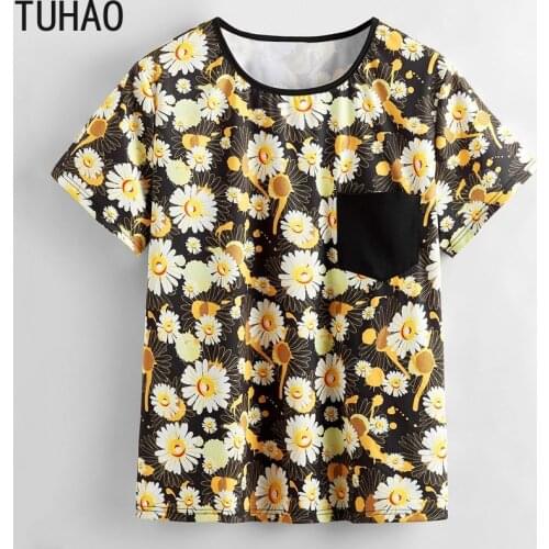 TUHAO 2020 Summer Women Shirt Blouse 8XL 7XL 6XL Plus Size Sunflower Print Casual Tops Blouses Short-sleeved Shirt Top 3XL WM37