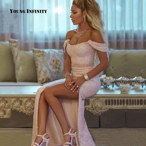 Sexy High Side Slit Mermaid Prom Dresses Off Shoulder Bling Sequined Buttons Back sleeveless Evening Party Gowns Custom Made