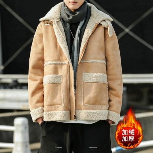 VERSMA 2019 Japanese Harajuku Vintage Thickened Wool Collar Jacket Coat Men Warn Russian Winter Coats Large Size Lamb Wool Coat