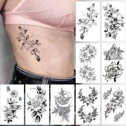 Waterproof Temporary Tattoo Sticker Black Waist Flowers Rose Sexy Butterfly Moon Flash Tatoo Fake Tatto For Body Art Women Men