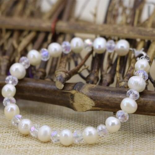 High quality strand bracelets bangle for women 7-8mm natural white pearl nearround beads diy clasp charms jewelry 7.5inch B3141