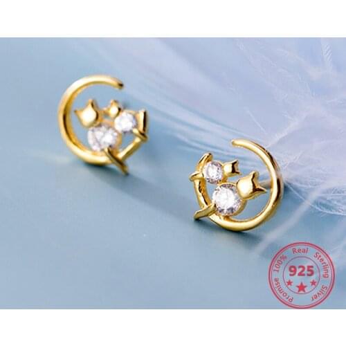 2019 Fashion Silver 925 Earrings For Women Cute Moon Kitten Inlaid Zircon Stud Earring Gift For Girl Luxury Design Jewelry