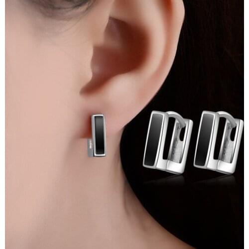 925 Sterling Silver Pendientes Jewelry Black Enamel Geometric Stud Earrings For Women Accesorios eh178