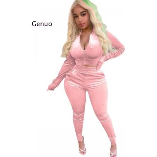 Velvet Two Piece Set 2021 Fall Women Zipper Solid Crop Top Long Pants Velour Tracksuit Sportwear Outfits Wholesale Dropshpping