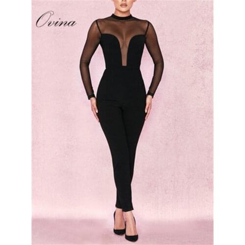 Black Rompers Womens Jumpsuit Round Neck Long Sleeve Rayon Bandage Jumpsuit