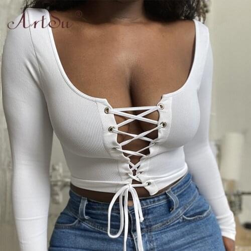 ArtSu Bandage Tie Front White T-Shirts Autumn Ribbed Knitted Long Sleeve Sexy Hollow Out Crop Top Women Lace Up Tops Streetwear