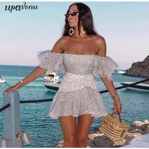 Free Shipping Sexy Polka Dot Mini Dress 2021 Summer Womens Card Shoulder Ruffle Sleeve Slim A-line Ruffle Dress Fashion Vacatio