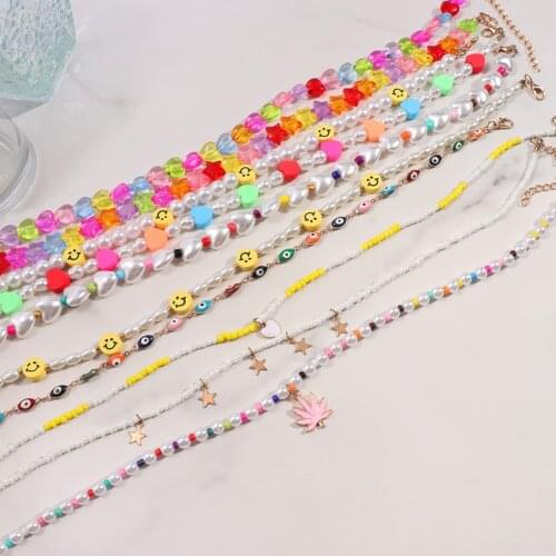 Sweet Candy Color Maple Leaf Pearl Beaded Necklaces For Women Girls Heart Smiley Rainbow Color Rice Bead Necklace Summer Jewelry