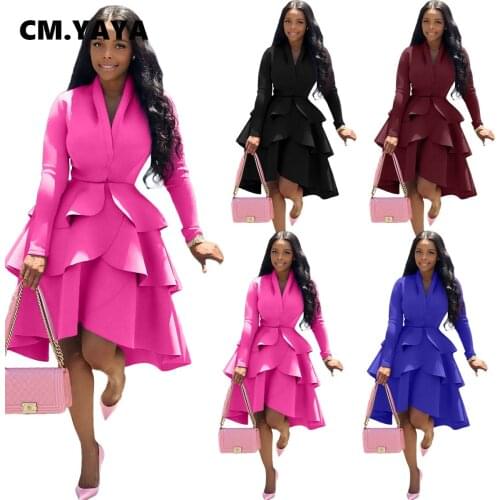 CM.YAYA Women Autumn Long Sleeve Cascading Ruffles Bud Dress Full Sleeve Bodycon V-neck Dresses Night Club Party Vestidos