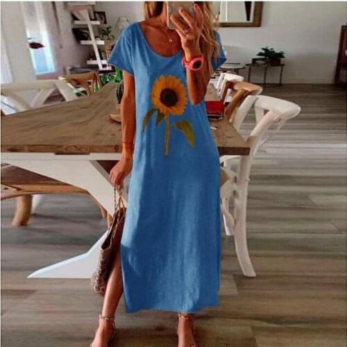 Hot Sales Women Sunflower Round Neck Short Sleeve Side Split Loose Long Dress Comfortable 2021 Summer Womens Clothes S-5Xl