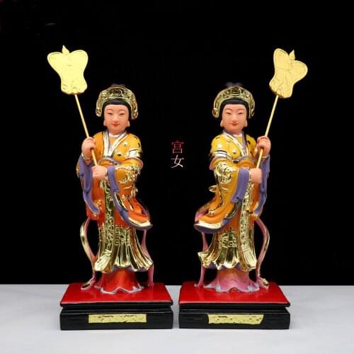2PCS Asia Buddhism Taoism family HOME temple Altar worship Buddha God statue Left and right attendants Palace maid statue A Pair
