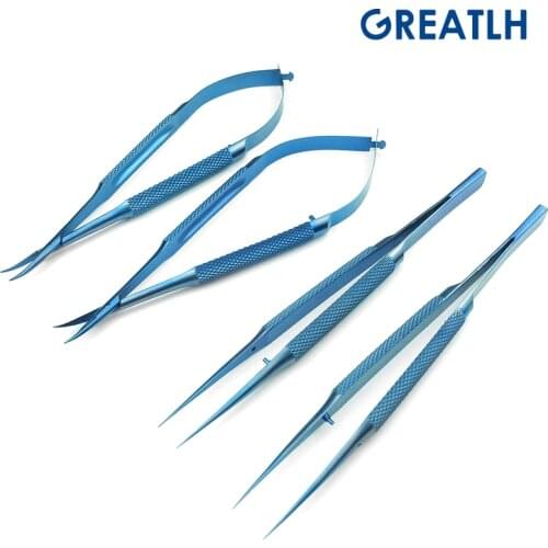 4pcs/set ophthalmic tweezer 14cm Titanium scissors needle holder forceps microsurgery instruments Pet Surgical Instruments