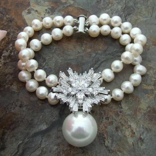 2 Strands 8-9mm freshwater Pearl WITH Sea Shell Pearl Bracelet