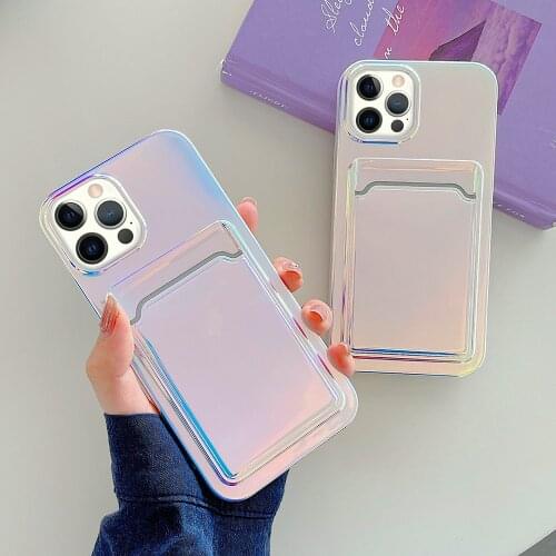 Laser Aurora Card Slot Pocket Phone Case For iPhone 12 11 Pro Max XR XS Max 7 8 Plus SE 2020 Soft IMD Holographic Phone Cover