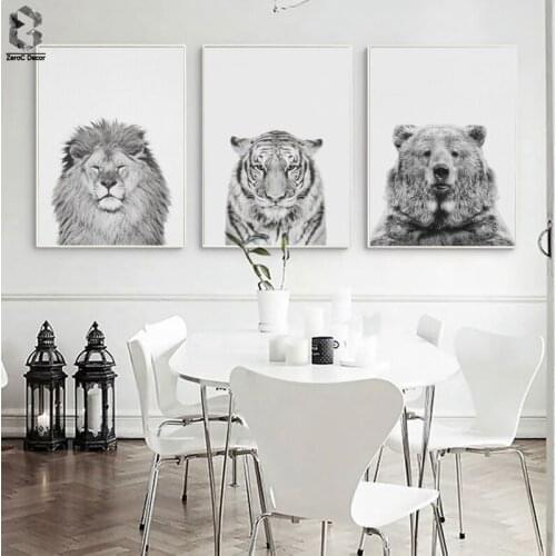 Black & White Wild Animal Lion Tiger Bear Canvas Art Print and Poster, Modern Canvas Painting Nordic Wall Picture Home Decor