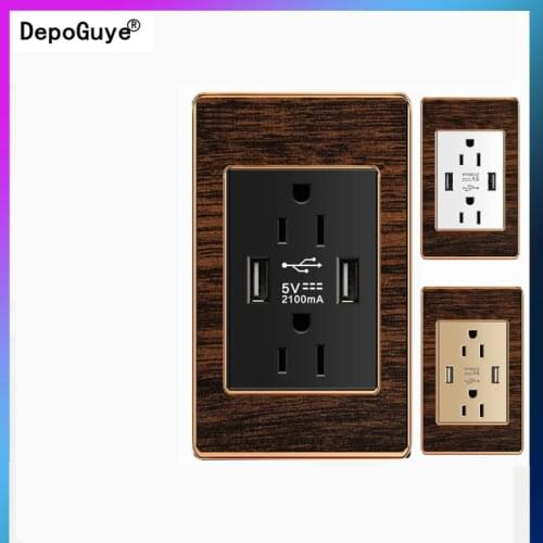 Depoguye US standard 2USB port power socket, wood grain retro 2.1A socket with USB, electrical wall outlet with usb charger