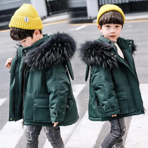 2021 Winter Childrens Hooded Faux Fur Collar Cotton Jacket Coat New Kids Boys Thicken Warm Outerwear Cotton Padded Parka D219