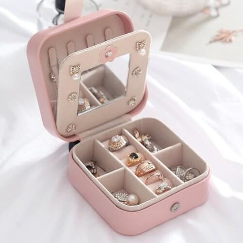 Double-layer Womens Mini Stud Earrings Rings Jewelry Box Useful Makeup Organizer With Zipper Travel Portable Jewelry PU Box
