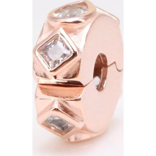 Bewill 925 Silver geometric pattern fixing clip drop zircon Beads Fit Original Bracelet Pendant DIY Jewelry