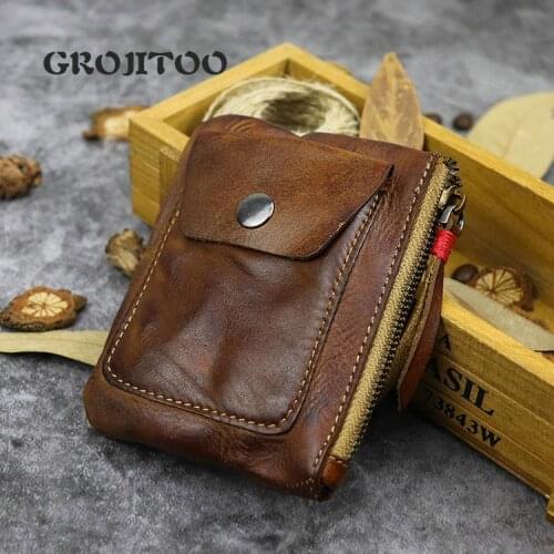 GROJITOO Leather vegetable tanned leather drivers license zipper light and simple pleated large capacity change bag card bag