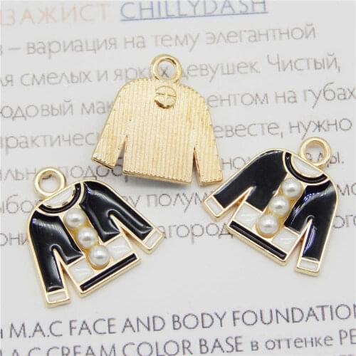 Julie Wang 5PCS Enamel Balck Clothes Charms With CCB Pearl Alloy Gold Tone Necklace Bracelet Findings Jewelry Making Accessory