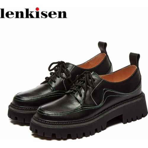 Lenkisen genuine leather round toe high heels classics loafers high street fashion leisure young lady lace up women pumps L27