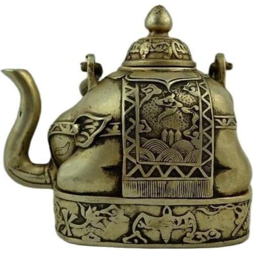 Collectible Hand Old White Copper & Miao Silver Carving Elephant Big Tea Pot 500g