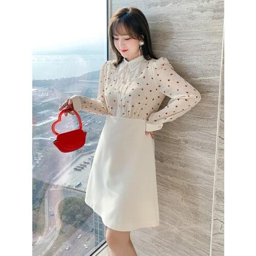 Peach heart print lace Lapel with stitched beads high waist A-Line Dress girl 2021 Spring new