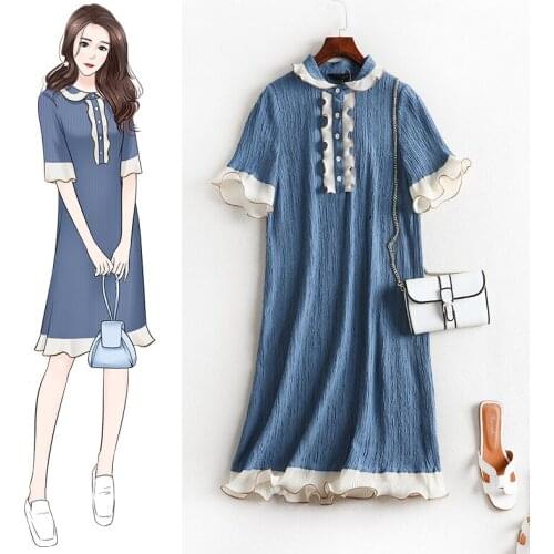 Ruffles patchwork turn down collar dresses summer dress 2020 women plus size fold dresses 4XL 5XL Haze blue JC20
