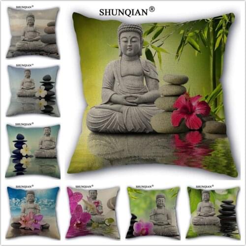 Linen Cotton Buddha stone flower Pillow Cover Custom Print Home Decorative Pillows Cases 45x45cm one side WJY421-7