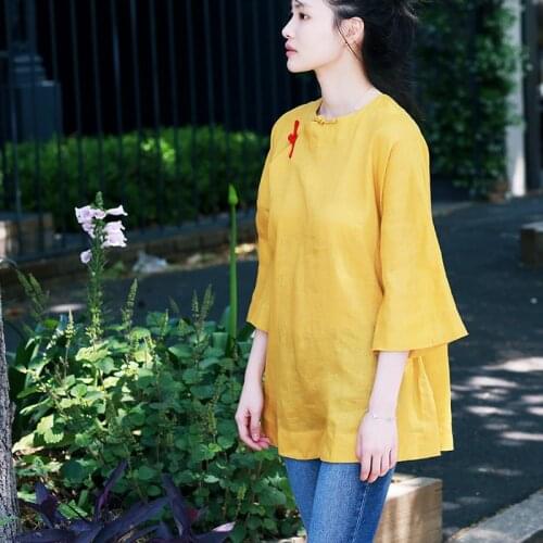 MICOCO C1902 Literary large size round collar plate buckle loose thin Chinese linen shirt for women