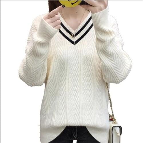 Fashion Contrast Color Women Knitted Pullovers 2018 Autumn Winter V-Neck Women Short Sweater Knitwear Loose Plus Size 3XL Q840