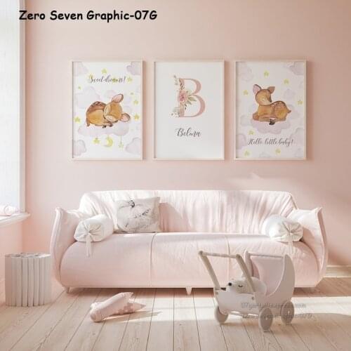Lovely Woodland Sweet Dreams Deer Cartoon Wall Art Custom Name Canvas Poster Prints For New Born Baby Girls Room Decoration