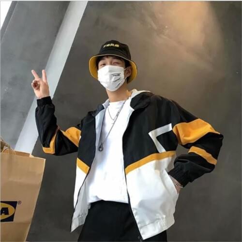 Autumn 2021 Hip Hop Windbreaker Jacket Oversized Mens Harajuku Color Block Jacket Coat Retro Vintage Zip Track Jacket Streetwear