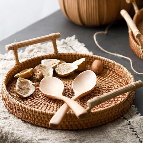 Hand-woven Wicker Basket Round Food Tray Rattan Fruit Hand-braid Rectangular Eco-friendly Vegetable Kitchen Woven Storage