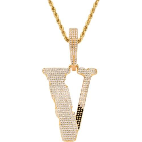 Rhinestone Men Necklace Ice Out Cubic Zircon Letter V Pendant Gold Silver Color Hip Hop Charm Chain Jewelry
