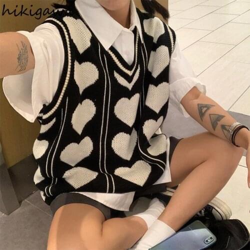 Hikigawa Korean Vintage Sweater Tops Loose V-neck Knitted Pullovers Vest Sweet Love Print Waistcoat 2021 Fashion Casual Tank