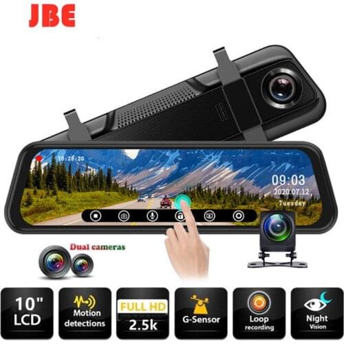 10 Inches 2.5K Car DVR Touch Screen Stream Media Dual Lens Video Recorder Rearview Mirror Dash Cam Front And Rear Camera GPS