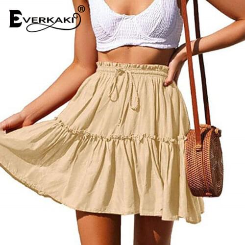 Everkaki Mini Skirt Women Ruffles Sashes Summer Beach Vacation Cotton Boho Elegant Oversized Elastic Waist Skirts Female 2021