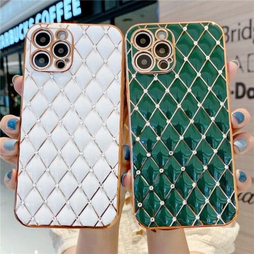 Plating Geometric Rhombus With Diamond Case For iPhone 12 11 Pro Max XR XS Max 7 8 Plus Solid Color Camera Lens Protection Cover
